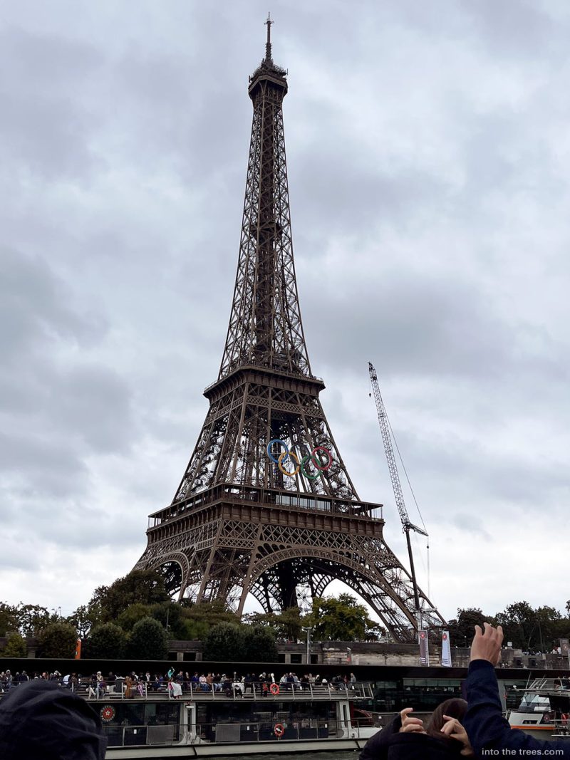Eiffel Tower seen from a boat on the Seine.