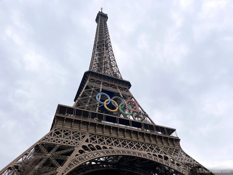 Front of the Eiffel Tower with the Olympic rings.